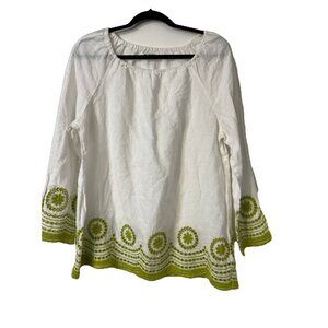 VTG‎ J. Crew Linen Green & White Embroidered Long Sleeve Top Sz L Blouse Boho